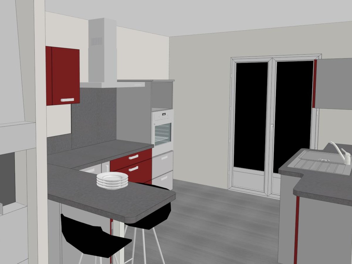 Cuisine 3D sur mesure Trend + Cranberry et Light + Gris Clair Majestic Brillant