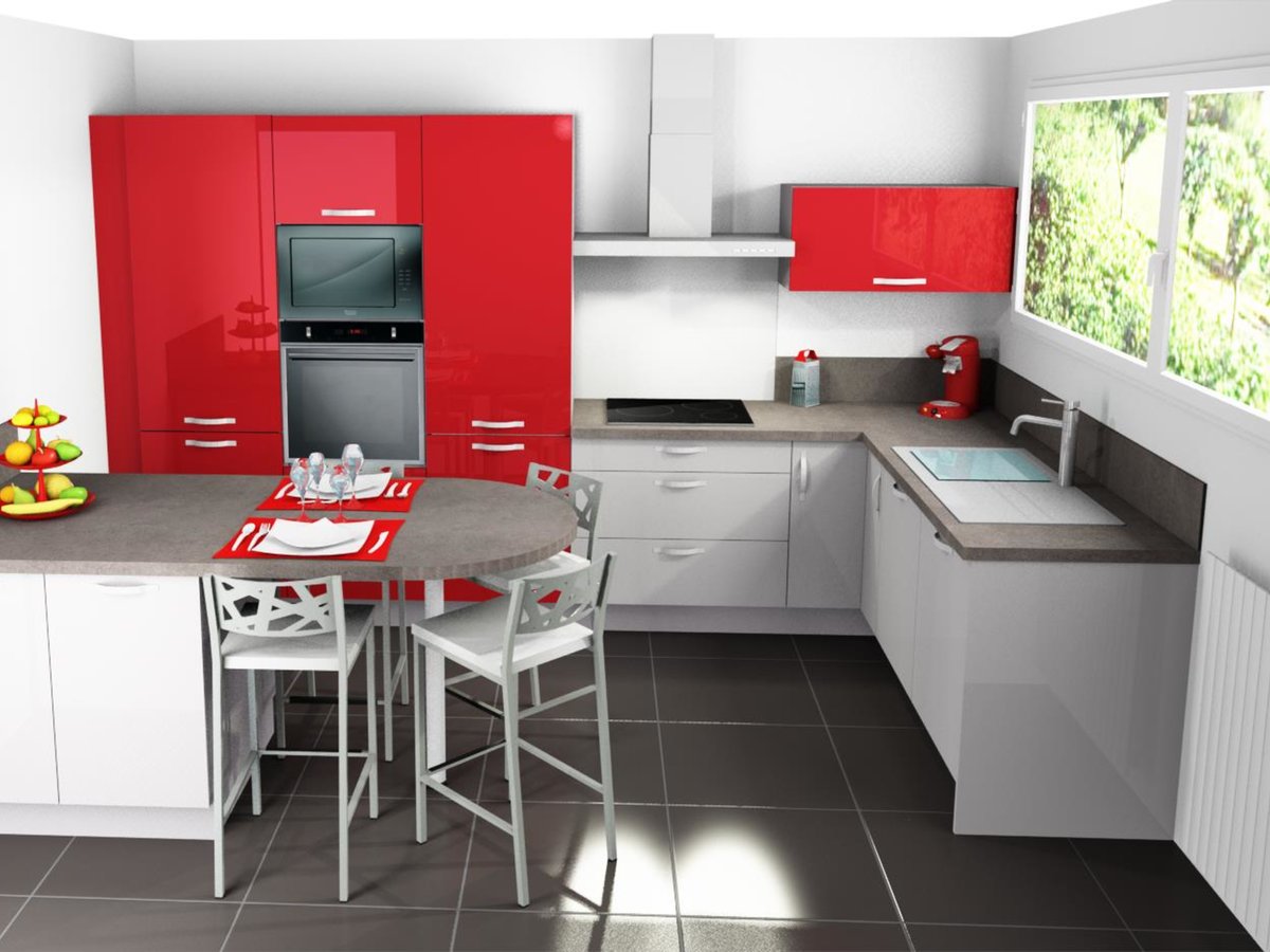 Cuisine 3D sur mesure Light + Gris Clair Majestic Brillant et Light + Rouge Majestic Brillant