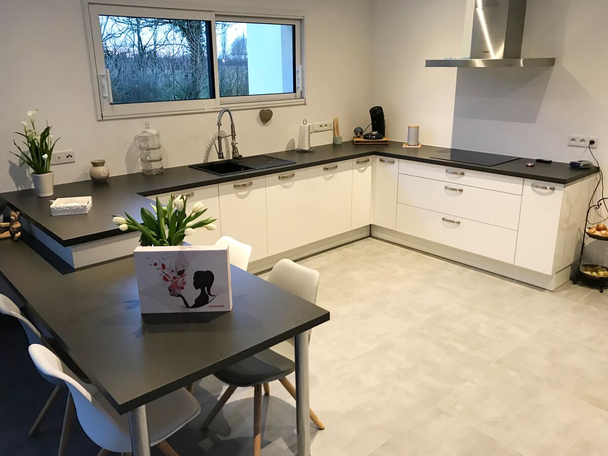 Rénovation cuisine équipée sur mesure Petilla Blanc Brillant et Vega Prem's Ombre