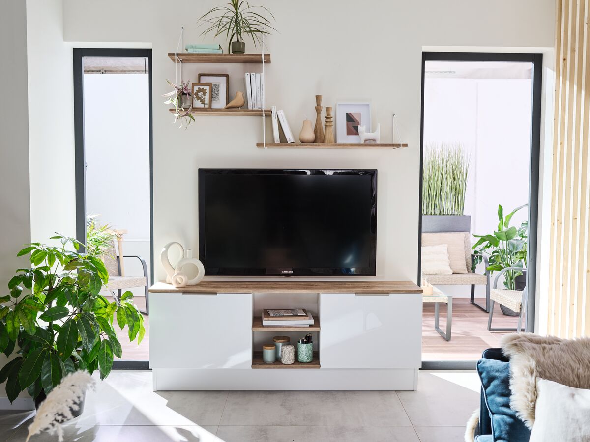 MEUBLE TV BLANC BRILLANT Blanc brillant et Hipster wood