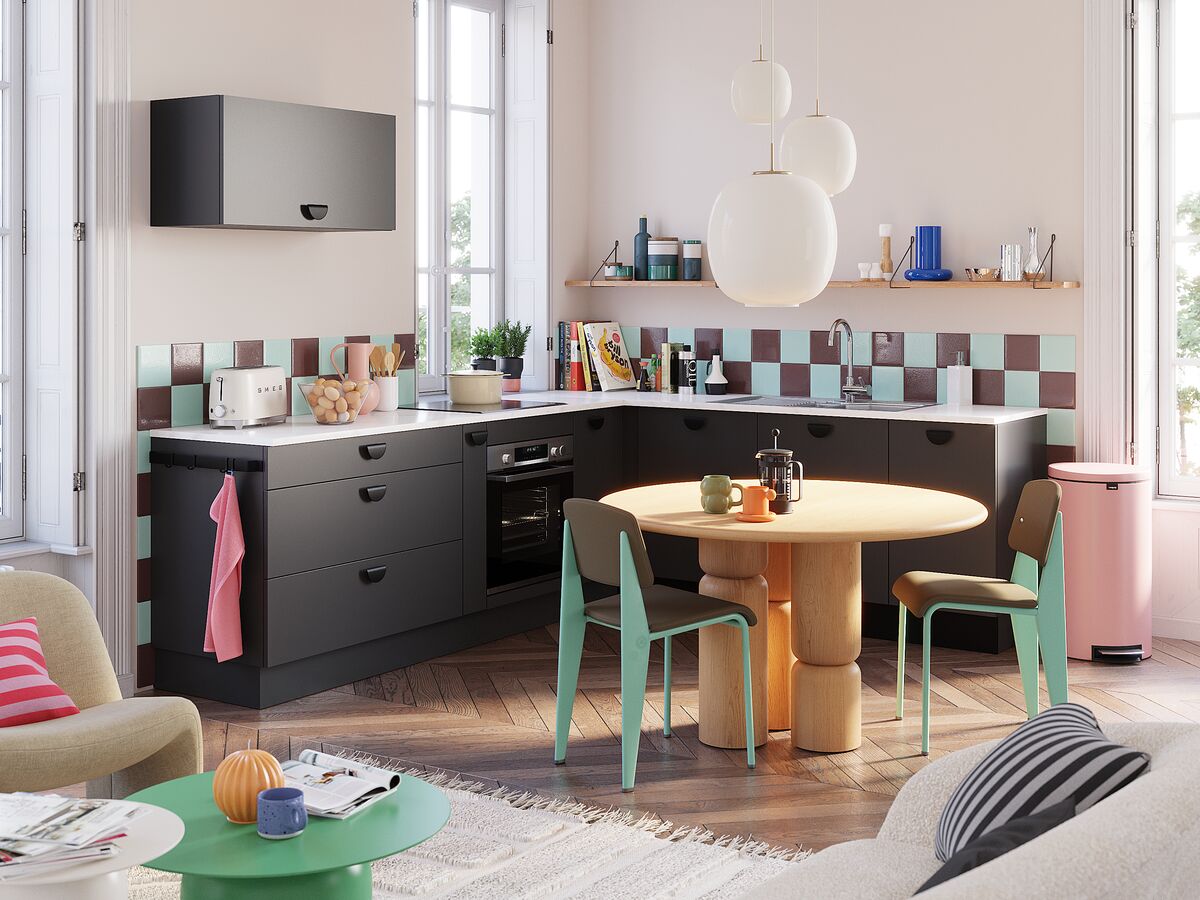 Cuisinella Prestige – Klassische L-Küche Champagner – Schwarz mit mintgrün und Weiß